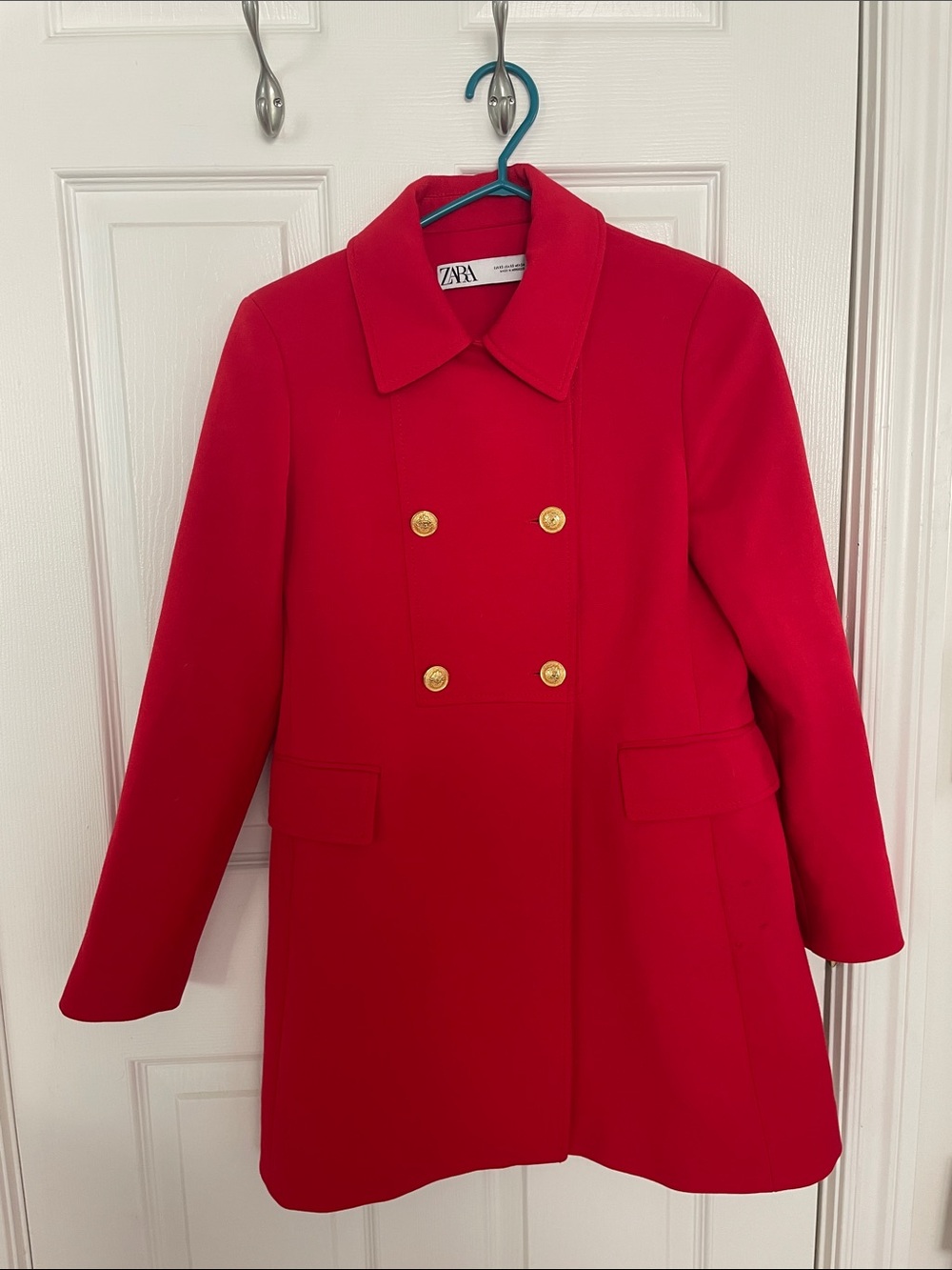 Zara Bright Red Double-Breasted Pea Coat with Gold Buttons